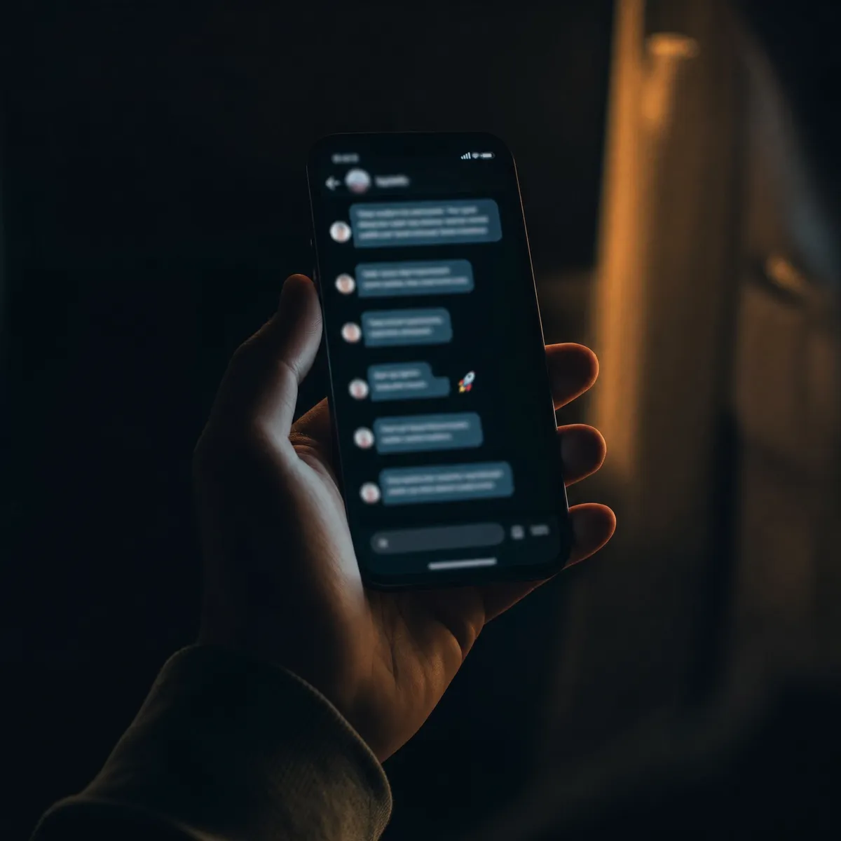 Hand mit Smartphone und Signal-Chat im Dunkeln