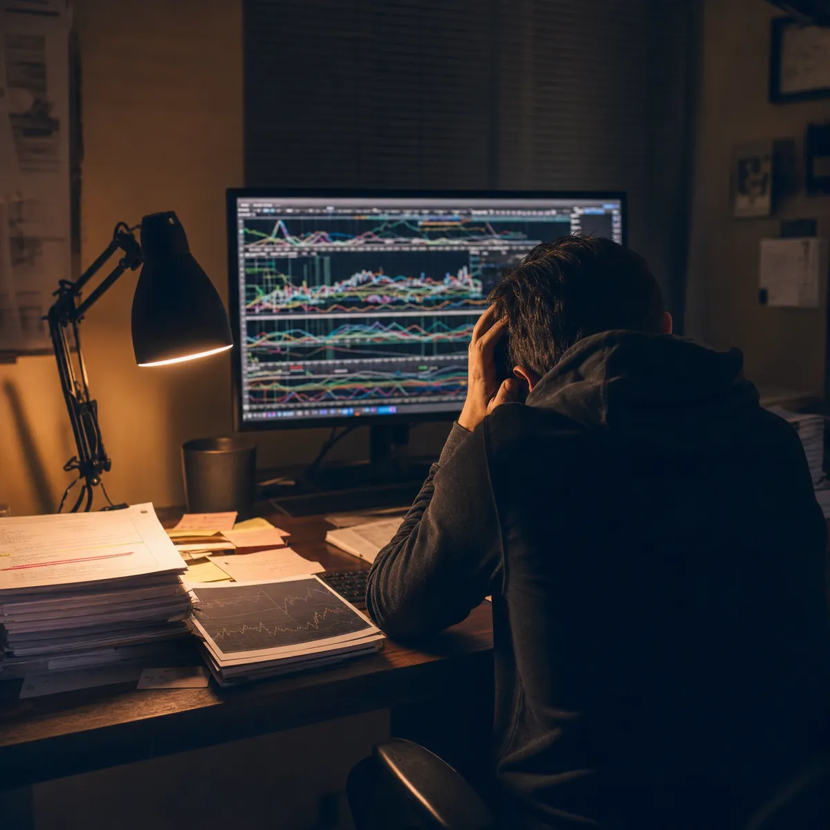 Trader sitzt frustriert vor einem überladenen Chart-Monitor