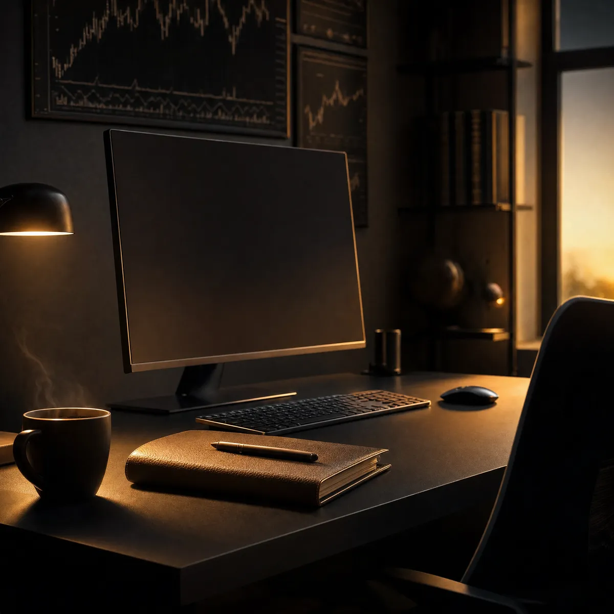 Ruhiger Schreibtisch mit ausgeschaltetem Monitor und geschlossenem Journal