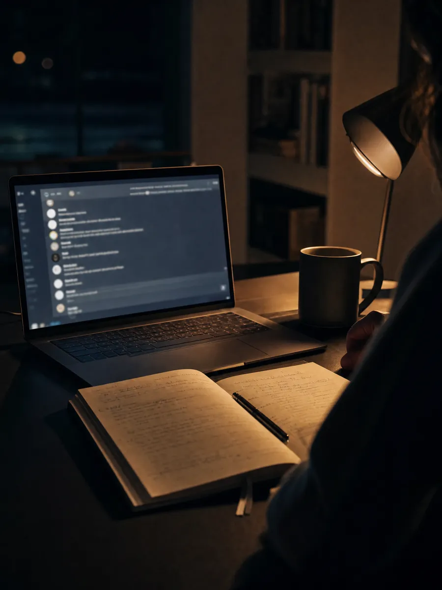 Laptop mit Review-Chat neben einem aufgeschlagenen Journal am Abend
