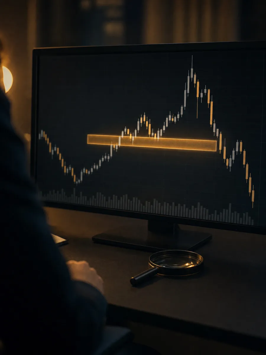 Candlestick-Chart auf einem Monitor mit markierter Zone — einordnen statt nachklicken