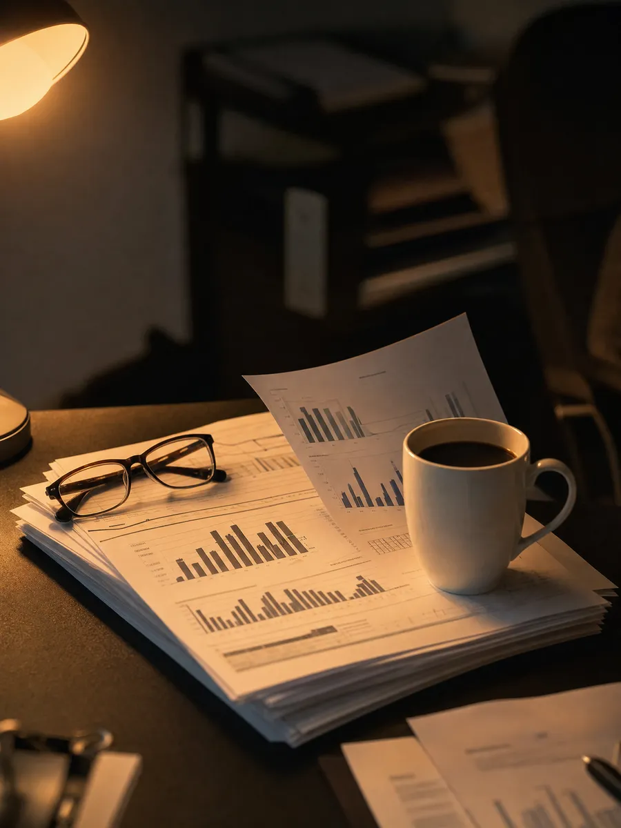 Ausgedruckte Reports mit Balken-Auswertungen, Brille und Kaffee