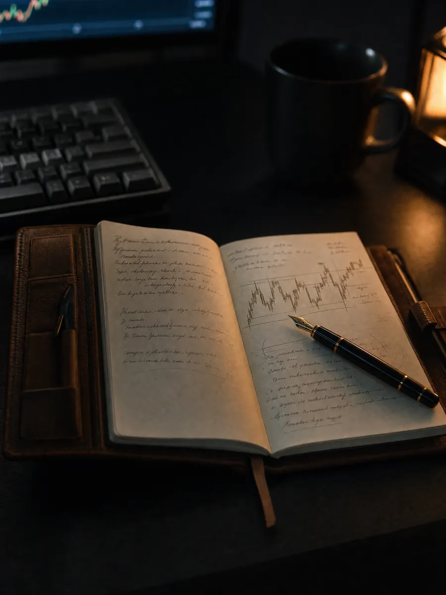Aufgeschlagenes Trading-Journal mit handschriftlichen Notizen und skizzierter Chart-Struktur