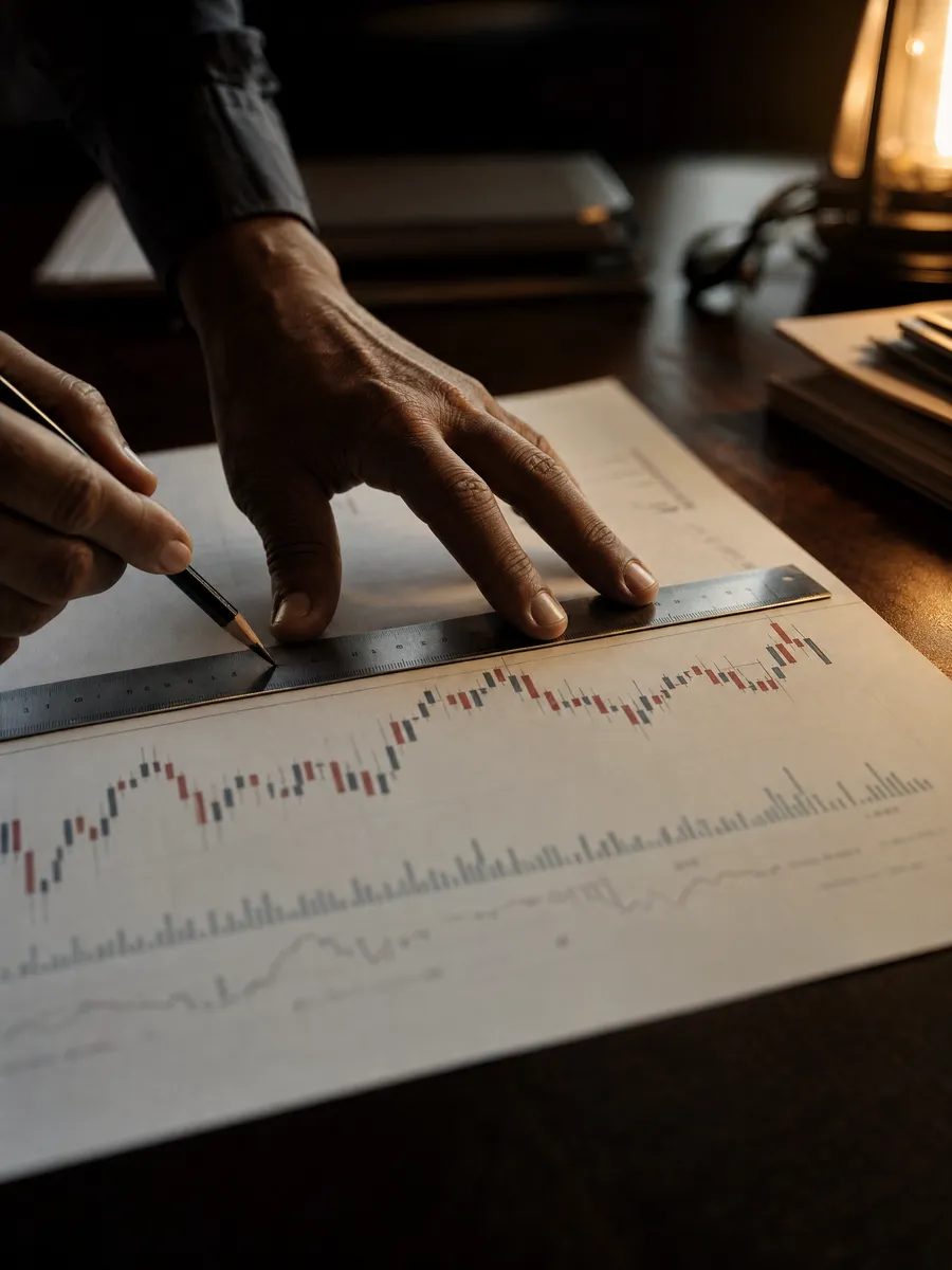 Hand zieht mit Lineal und Bleistift eine saubere horizontale Linie über einen gedruckten Candlestick-Chart